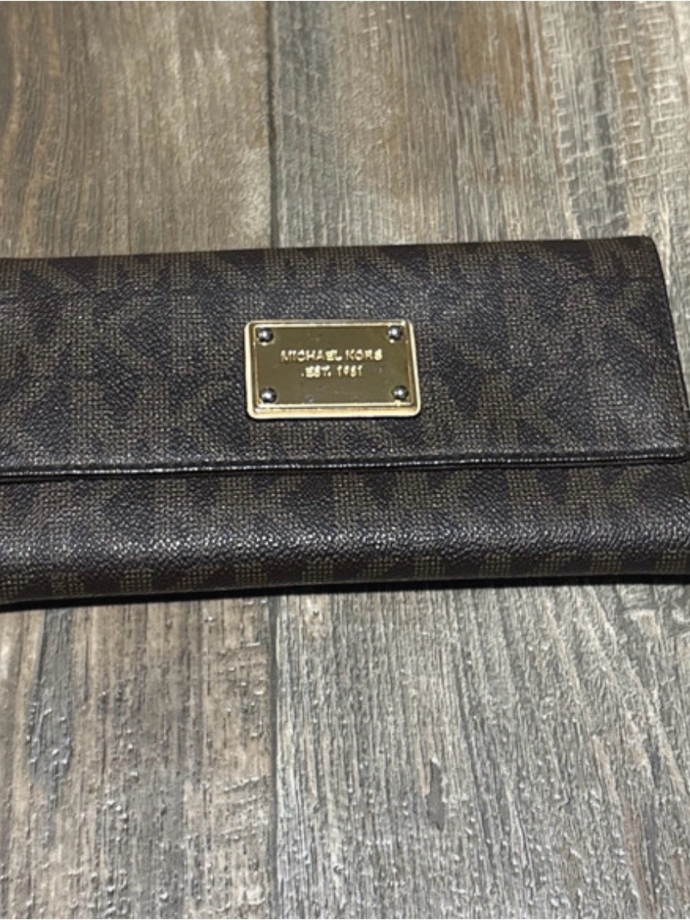 Michael Kors Brown Monogram Continental Card Holder Wallet with Gold Plaque
